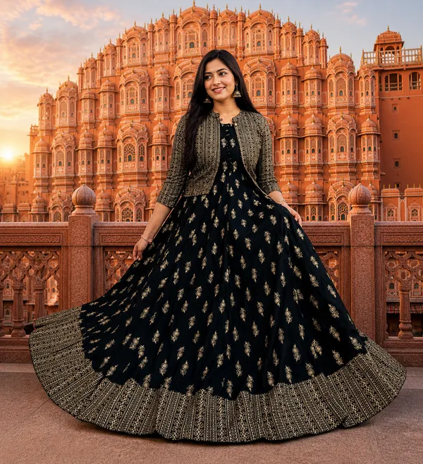 Black_Anarkali_Gown_With_Golden_Print_&_Jacket_|_Designer_Ethnic_Wear_For_Wedding_&_Festive