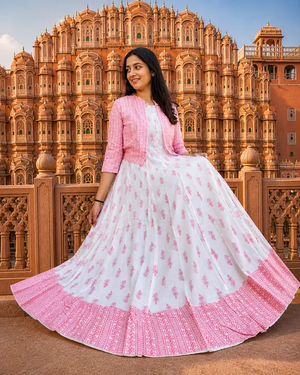 White_Pink_Anarkali_Gown_With_Golden_Print_&_Jacket_|_Designer_Ethnic_Wear_For_Wedding_&_Festive