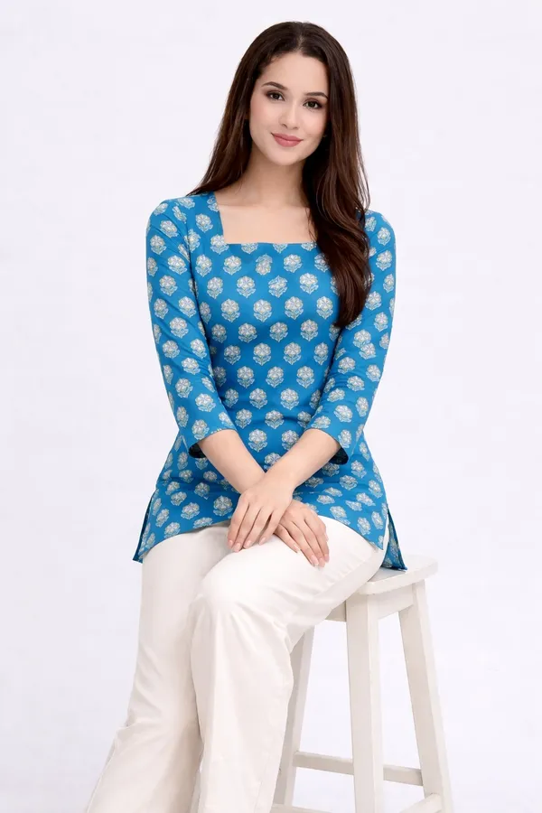 Blue_Printed_Straight_Kurti_|_Cotton_Ethnic_Top_For_Daily_&_Office_Wear