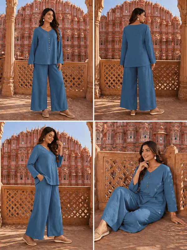 Blue_Relaxed_Fit_Co-Ord_Set_|_Solid_Kurta_Top_&_Wide_Leg_Pant_Set_For_Casual_&_Travel_Wear