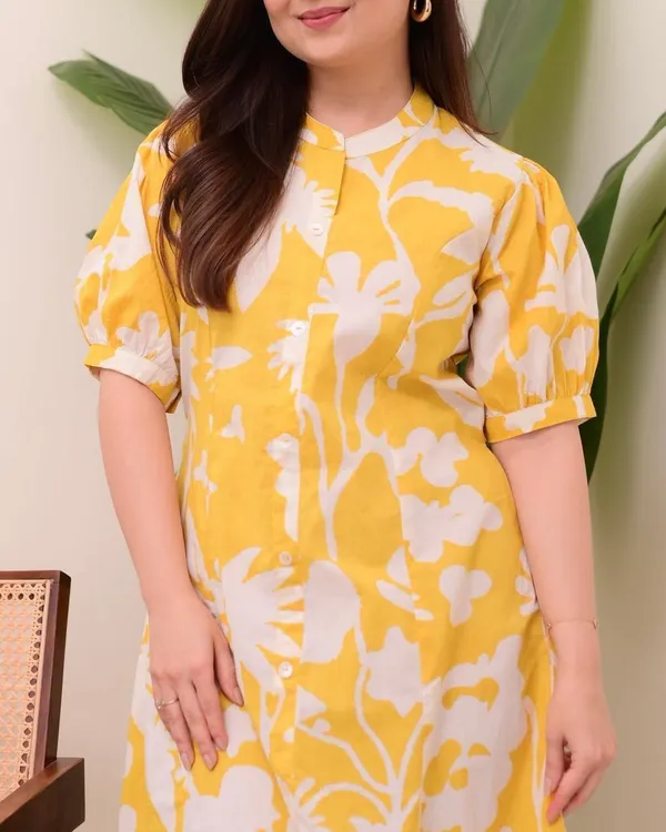 Yellow_Floral_Printed_A-Line_Midi_Kurta_Dress_|_Stylish_Ethnic_Fusion_Wear_For_Casual_&_Summer
