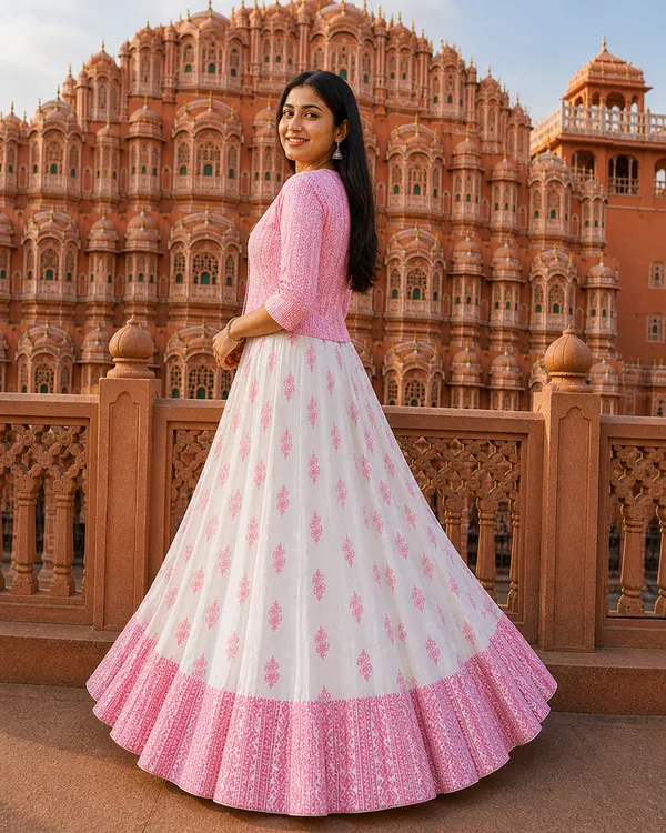 White_Pink_Anarkali_Gown_With_Golden_Print_&_Jacket_|_Designer_Ethnic_Wear_For_Wedding_&_Festive