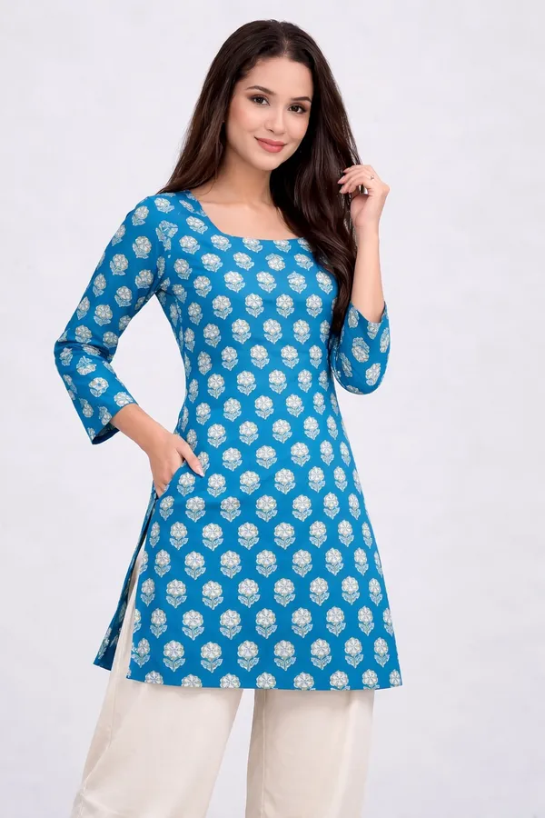 Blue_Printed_Straight_Kurti_|_Cotton_Ethnic_Top_For_Daily_&_Office_Wear