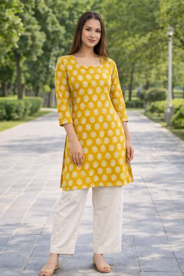 Yellow_Printed_Straight_Kurti_|_Cotton_Ethnic_Top_For_Daily_&_Office_Wear