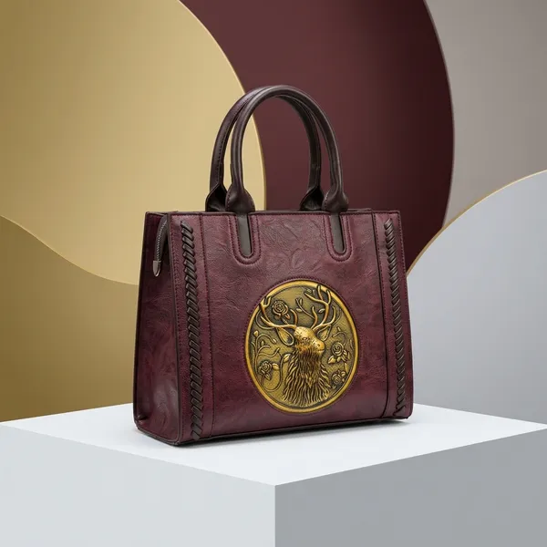 Maroon_Embossed_Tiger_Medallion_Handbag_With_Gold_Detailing