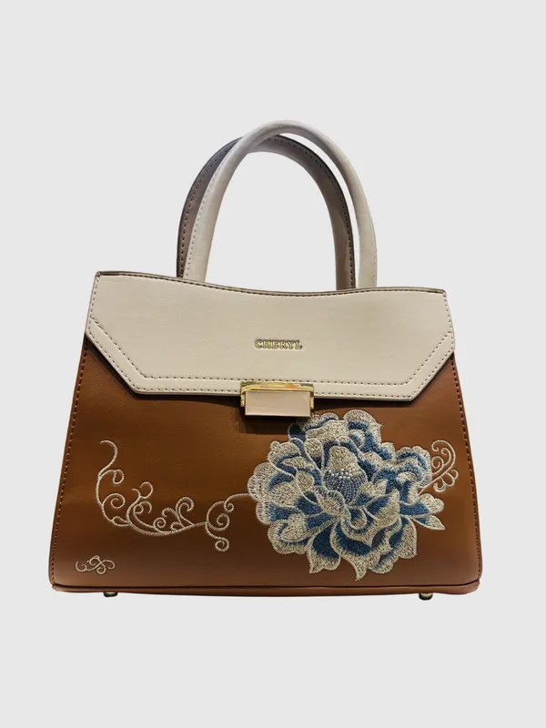 Cheryi_Tan_Brown_Handbag_With_Embroidered_Flap_Detail