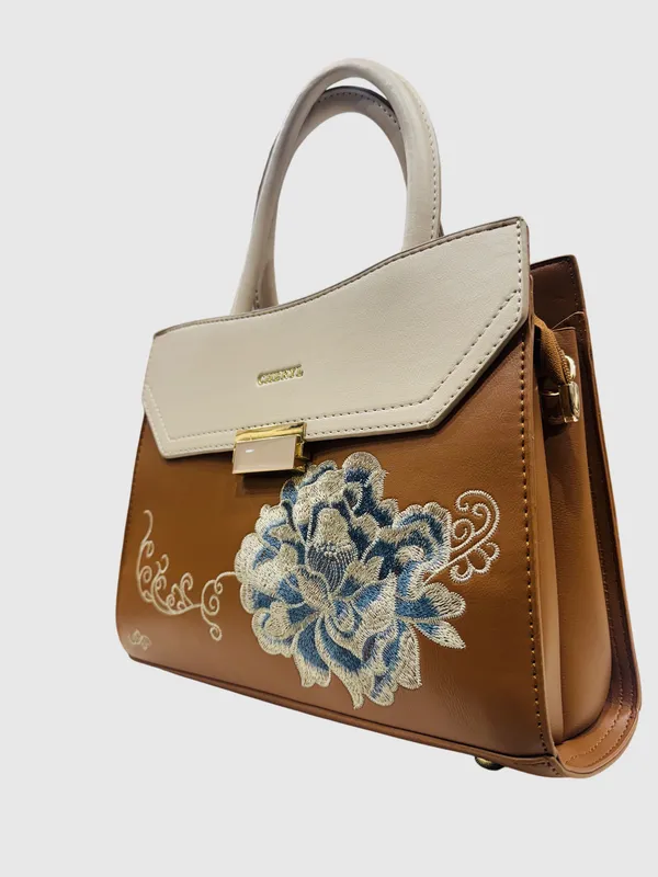 Cheryi_Tan_Brown_Handbag_With_Embroidered_Flap_Detail