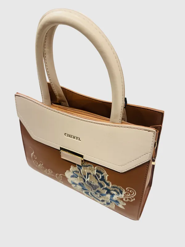 Cheryi_Tan_Brown_Handbag_With_Embroidered_Flap_Detail