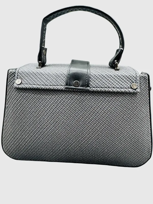 Dark_Grey_Carbon_Fiber_Textured_Structured_Handbag_With_Black_Strap_And_Metal_Clasp