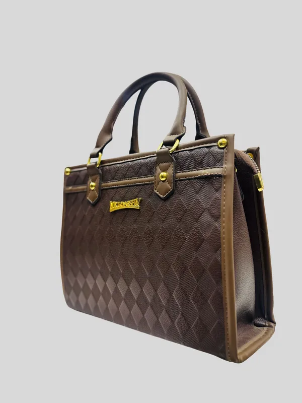 Luxury_Structured_Tote_Handbag_For_Women_-_Brown_Diamond_Pattern_With_Gold_Hardware
