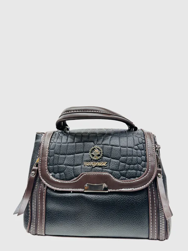 Womens_Black_Brown_Sling_Bag_With_Textured_Flap_And_Metal_Clasp