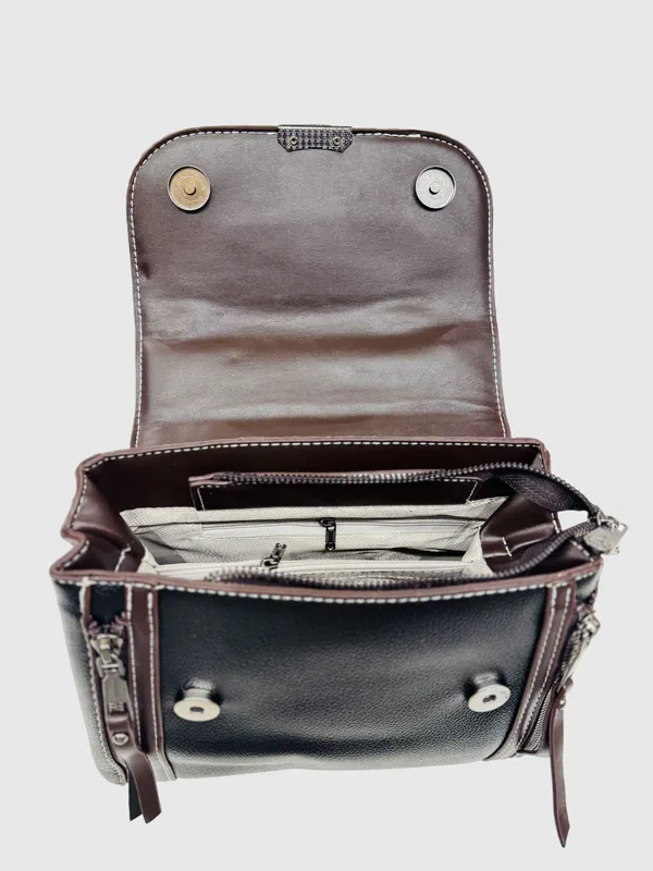 Womens_Black_Brown_Sling_Bag_With_Textured_Flap_And_Metal_Clasp