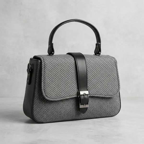 Dark_Grey_Carbon_Fiber_Textured_Structured_Handbag_With_Black_Strap_And_Metal_Clasp