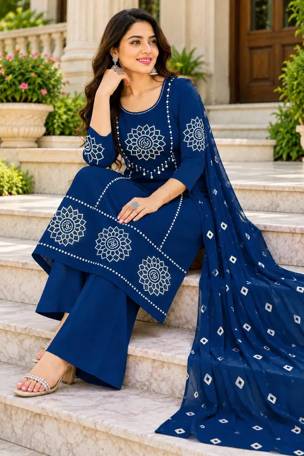 Dhabu_cotton_With_Mirror_&Block_Printe_Work_Kurti_Set
