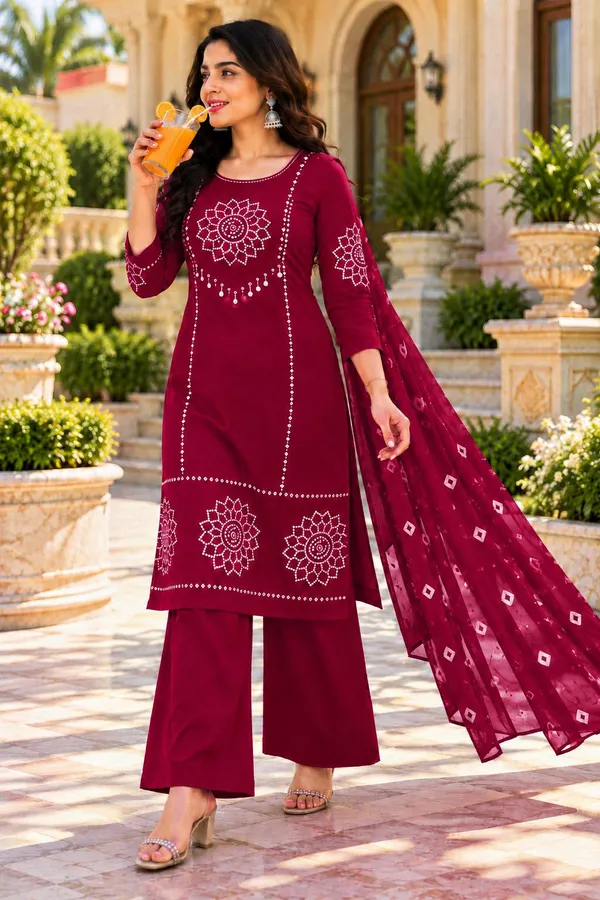 Dhabu_cotton_With_Mirror_&Block_Printe_Work_Kurti_Set
