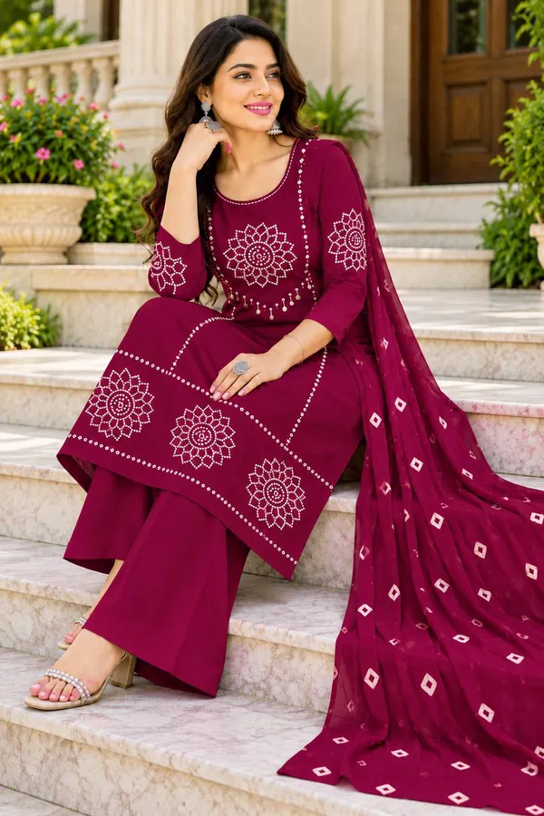 Dhabu_cotton_With_Mirror_&Block_Printe_Work_Kurti_Set