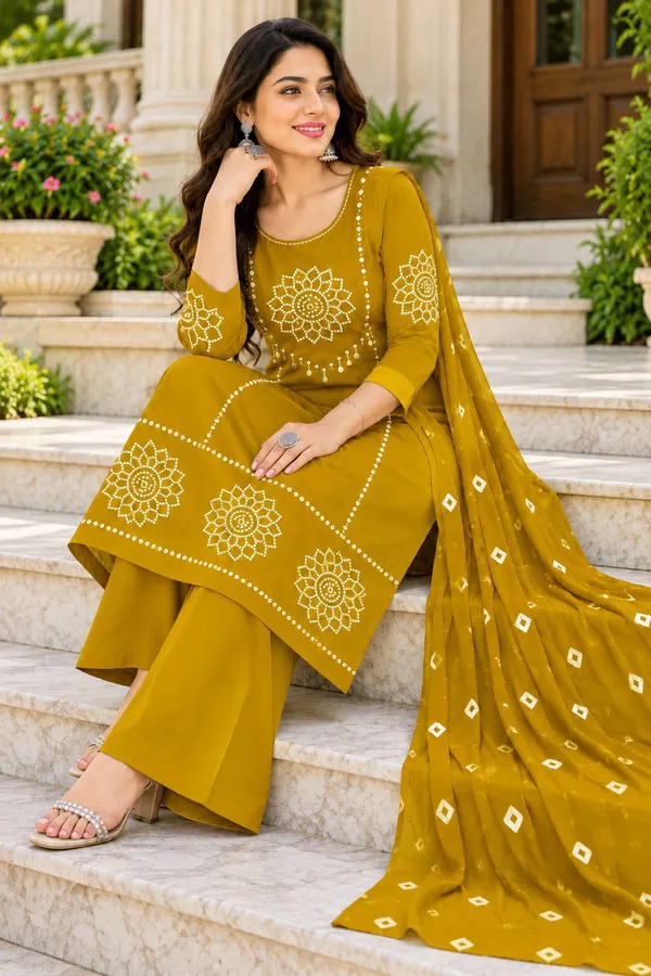 Dhabu_cotton_With_Mirror_&Block_Printe_Work_Kurti_Set