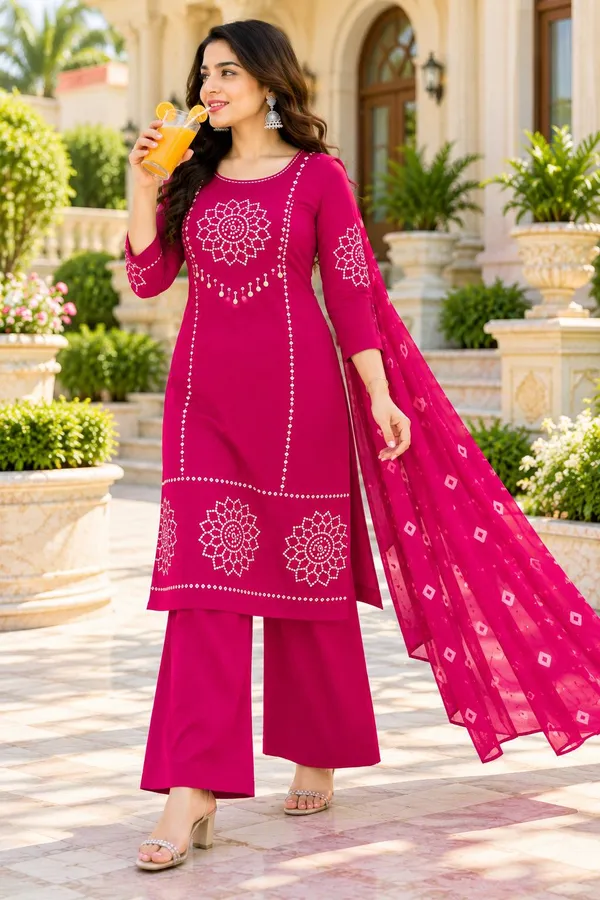 Dhabu_cotton_With_Mirror_&Block_Printe_Work_Kurti_Set