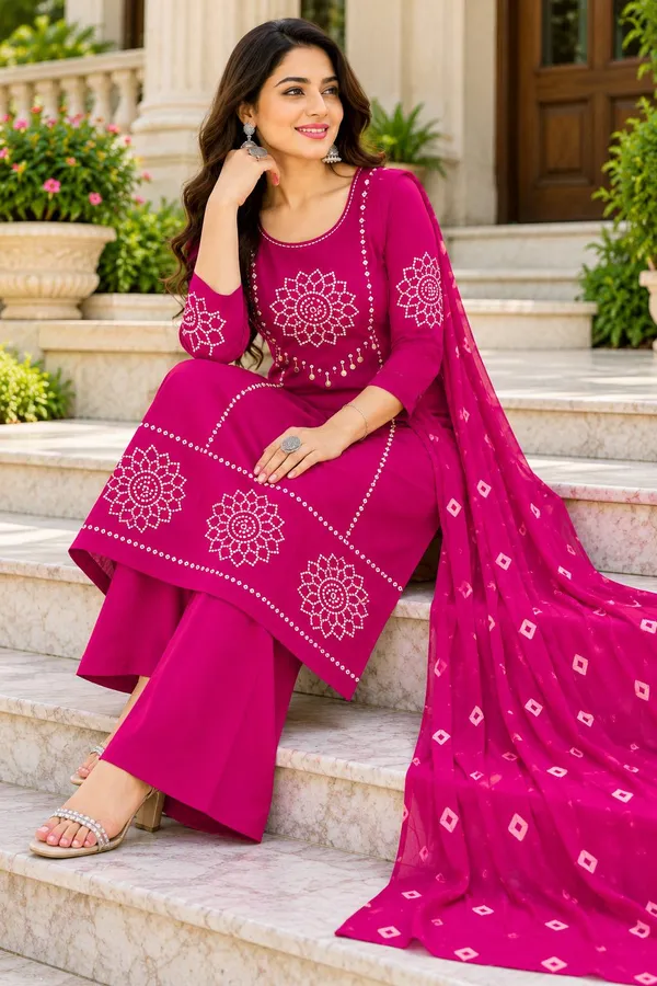 Dhabu_cotton_With_Mirror_&Block_Printe_Work_Kurti_Set