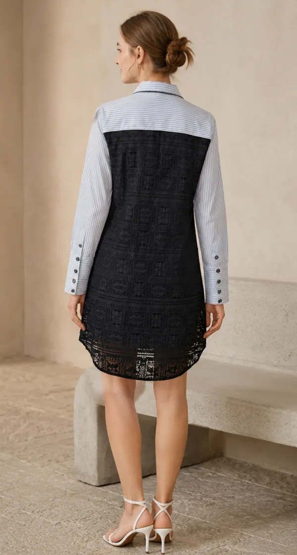 Blue_Cotton_Striped_Lace_Trim_Shirt_Dress_For_Women