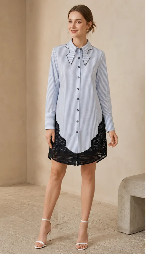 Blue_Cotton_Striped_Lace_Trim_Shirt_Dress_For_Women