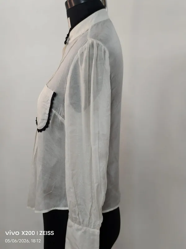 White_Cotton_Silk_Sheer_Black_Trim_Flap_Pocket_Shirt_For_Women