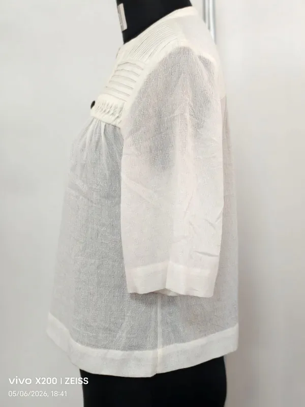 White_Cotton_Dobby_Embroidered_Pleated_Button-Down_Top_For_Women
