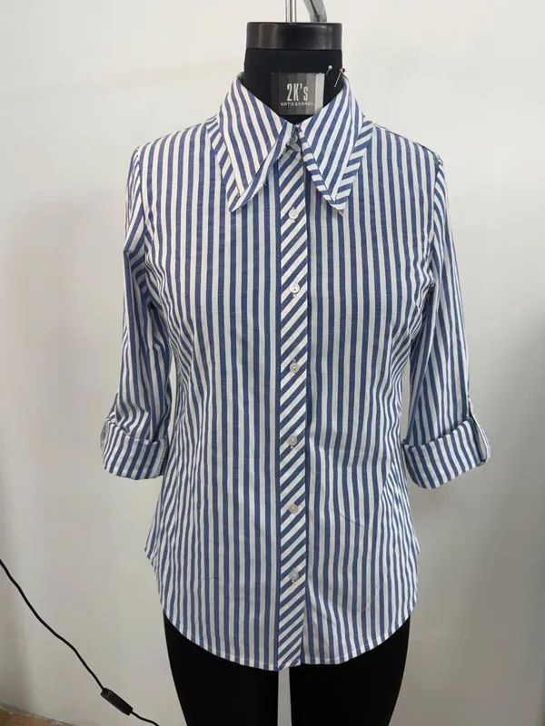 Blue_White_Cotton_Striped_Bow_Tie_Collar_Shirt_For_Women
