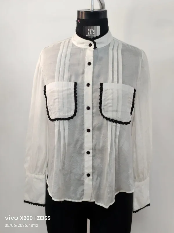 White_Cotton_Silk_Sheer_Black_Trim_Flap_Pocket_Shirt_For_Women