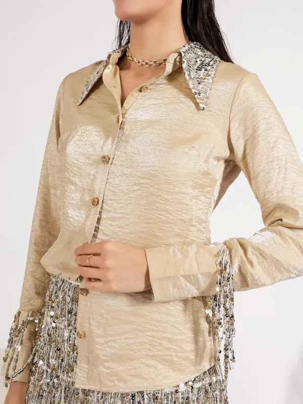 Beige_Recycled_Poly_Silk_Embroidered_Fringe_Shirt_For_Women
