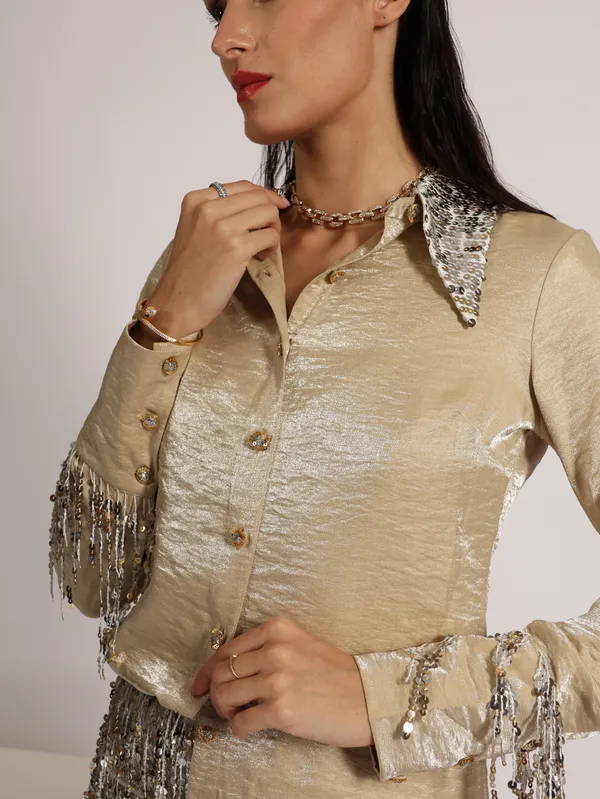 Beige_Recycled_Poly_Silk_Embroidered_Fringe_Shirt_For_Women