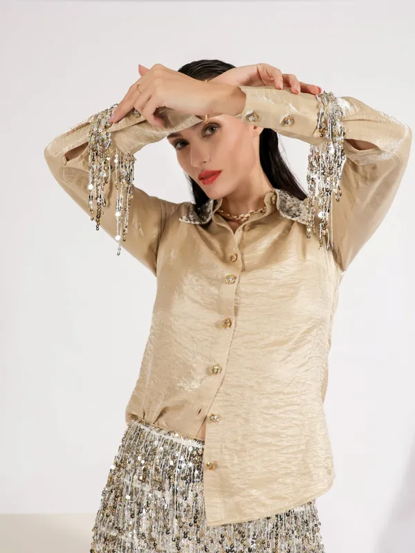 Beige_Recycled_Poly_Silk_Embroidered_Fringe_Shirt_For_Women