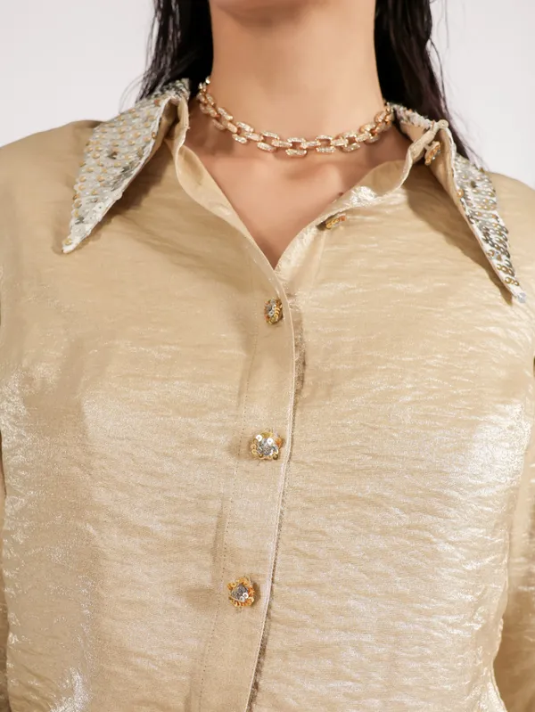 Beige_Recycled_Poly_Silk_Embroidered_Fringe_Shirt_For_Women