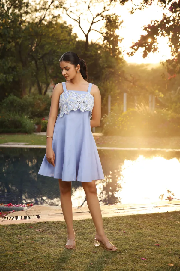 Azure_Blue_Cotton_Chambray_Embroidered_A-Line_Dress_For_Women