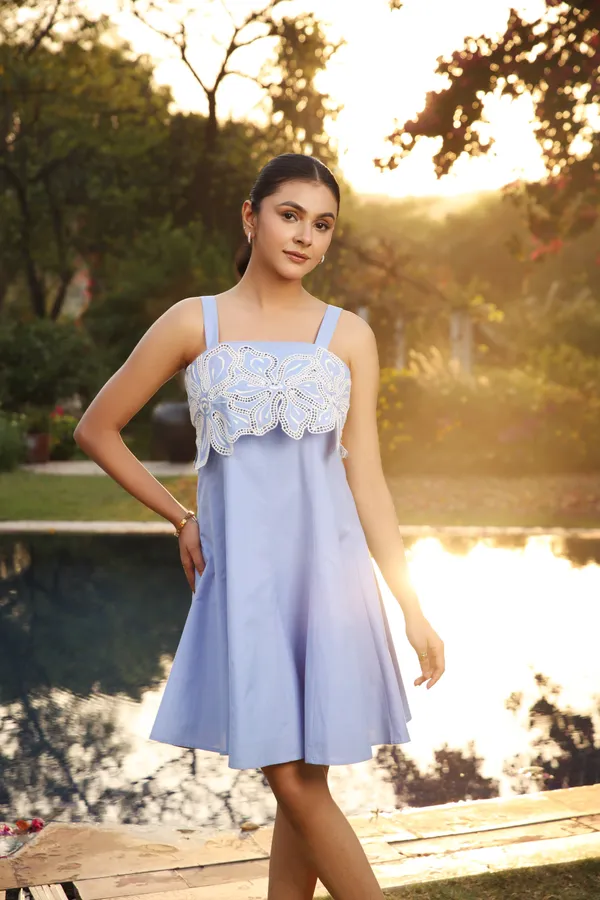 Azure_Blue_Cotton_Chambray_Embroidered_A-Line_Dress_For_Women