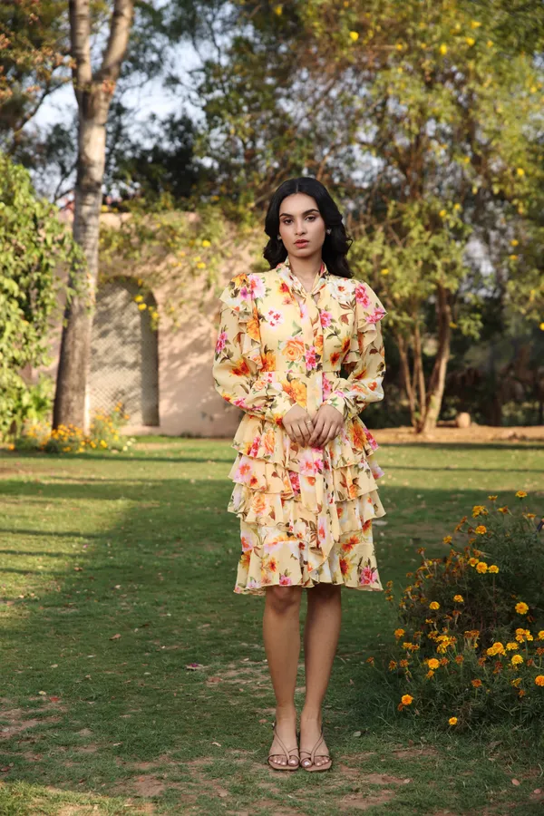 Sunflower_print_Chiffon_Tiered_Ruffle_High-Neck_Dress_For_Women