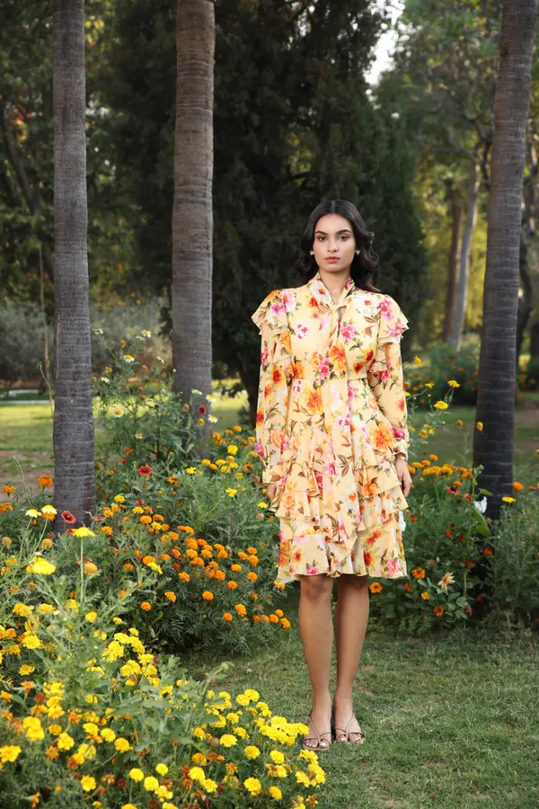 Sunflower_print_Chiffon_Tiered_Ruffle_High-Neck_Dress_For_Women