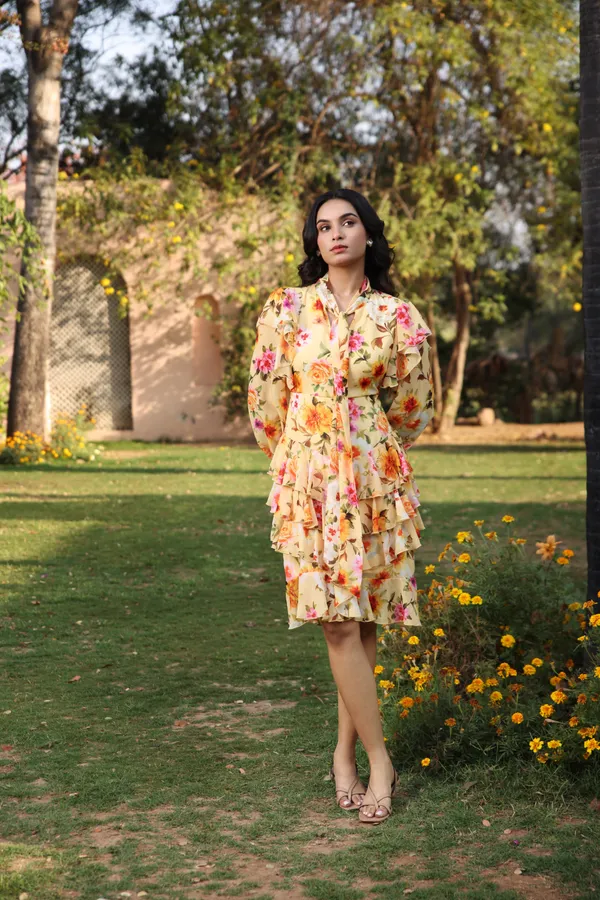 Sunflower_print_Chiffon_Tiered_Ruffle_High-Neck_Dress_For_Women
