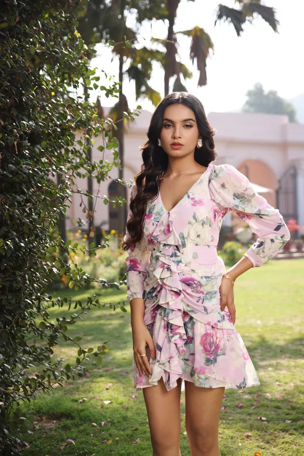 Lavender_Printed_Chiffon_Ruched_Ruffle_Cascade_Mini_Dress_For_Women