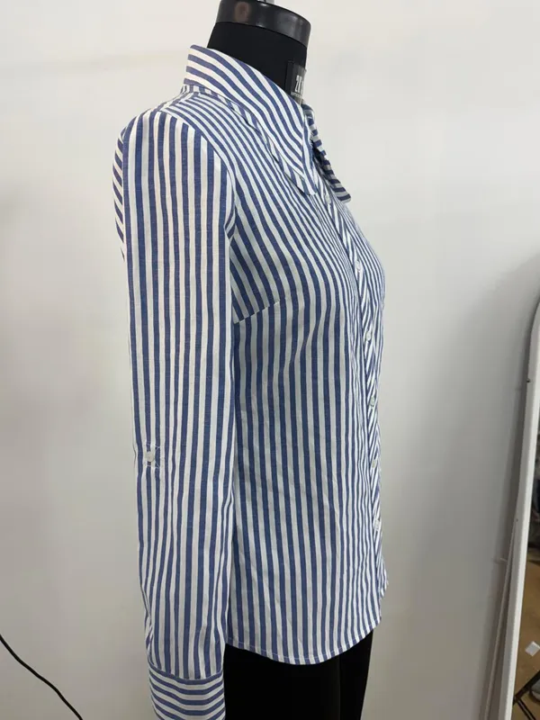 Blue_White_Cotton_Striped_Bow_Tie_Collar_Shirt_For_Women