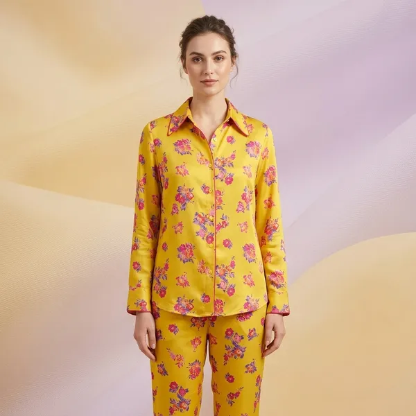 Mustard_yellow_garden_print_Viscose_Rayon_Shirt_Bottom_co-ord_Set_For_Women