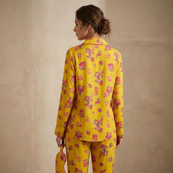 Mustard_yellow_garden_print_Viscose_Rayon_Shirt_Bottom_co-ord_Set_For_Women