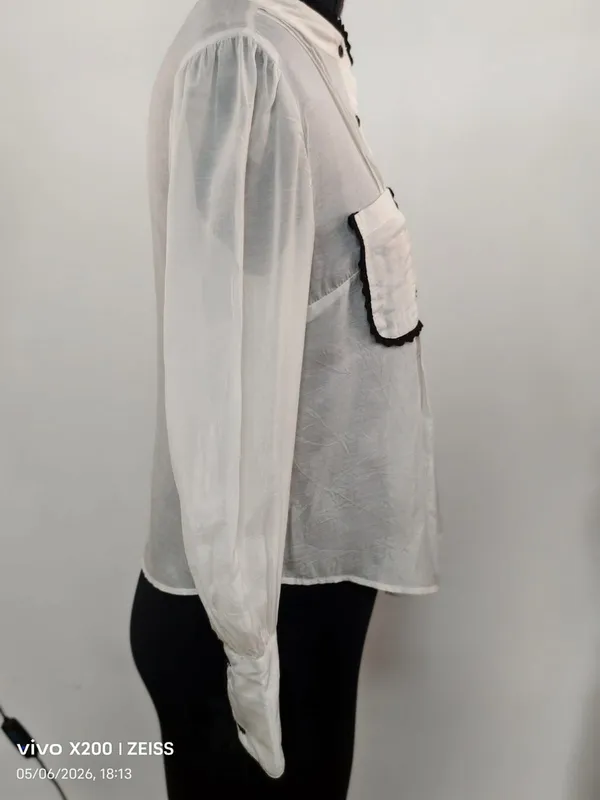 White_Cotton_Silk_Sheer_Black_Trim_Flap_Pocket_Shirt_For_Women