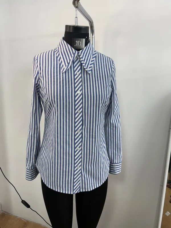 Blue_White_Cotton_Striped_Bow_Tie_Collar_Shirt_For_Women
