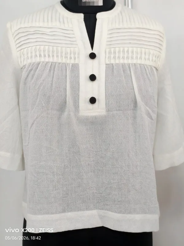 White_Cotton_Dobby_Embroidered_Pleated_Button-Down_Top_For_Women