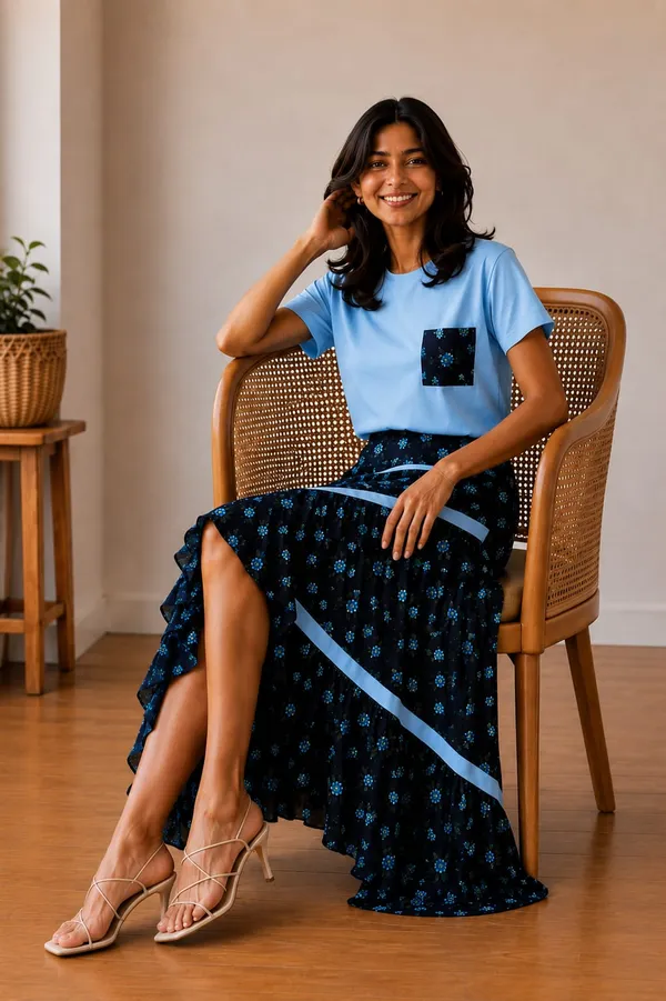 Blue_Black_Floral_Viscose_Rayon_T-Shirt_Tiered_Skirt_Co-Ord_Set_For_Women