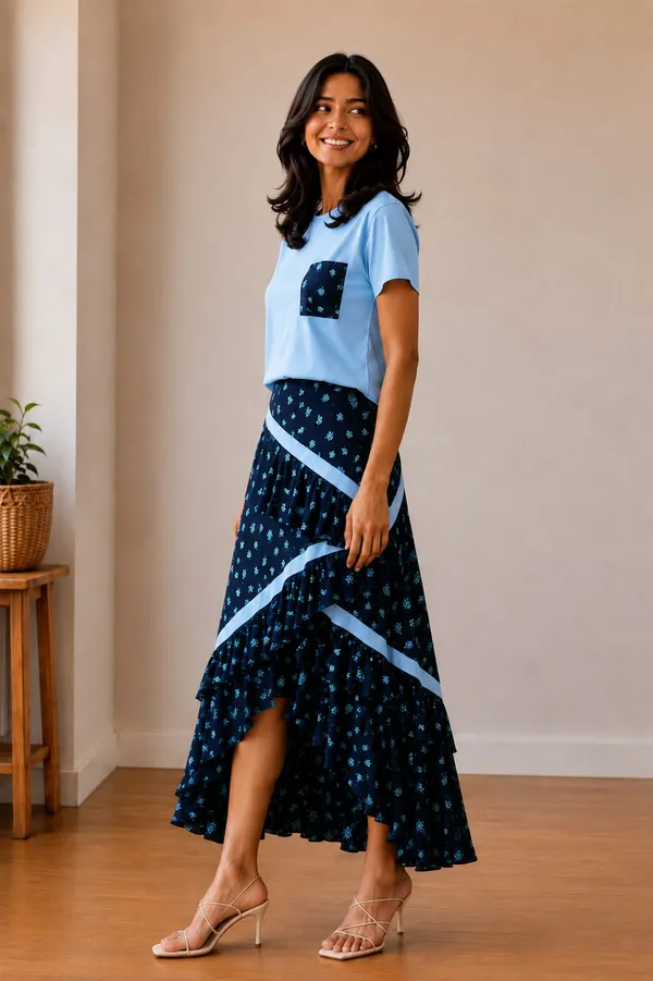 Blue_Black_Floral_Viscose_Rayon_T-Shirt_Tiered_Skirt_Co-Ord_Set_For_Women