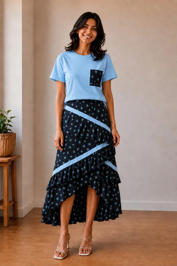 Blue_Black_Floral_Viscose_Rayon_T-Shirt_Tiered_Skirt_Co-Ord_Set_For_Women