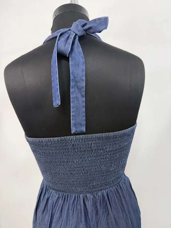 Navy_Blue_Tencel_Denim_Halter_Neck_Smocked_Back_Jumpsuit_For_Women