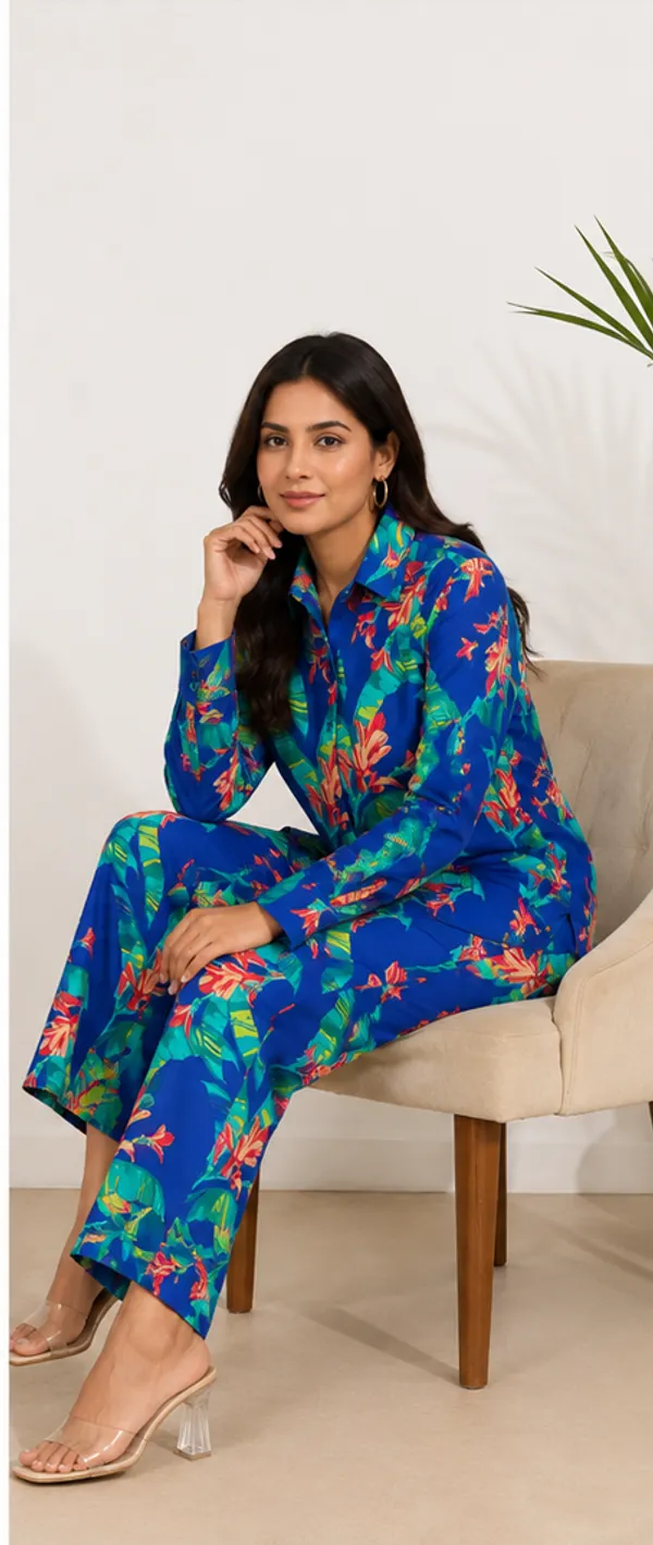 Blue_Tropical_Print_Viscose_Rayon_Shirt_Pyjama_Co-Ord_Set_For_Women